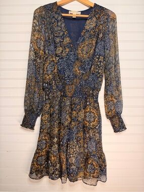 Michael Kors Navy & Gold Metallic Boho Smocked Waist Chiffon Dress | Size M
